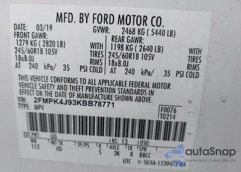 2019 Ford Edge Sel z USA, uszkodzony, nr VIN 2FMPK4J93KBB78771